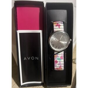 Avon Women's Quartz Wristwatch Multicolor Floral Band Silver-Tone Case Spring